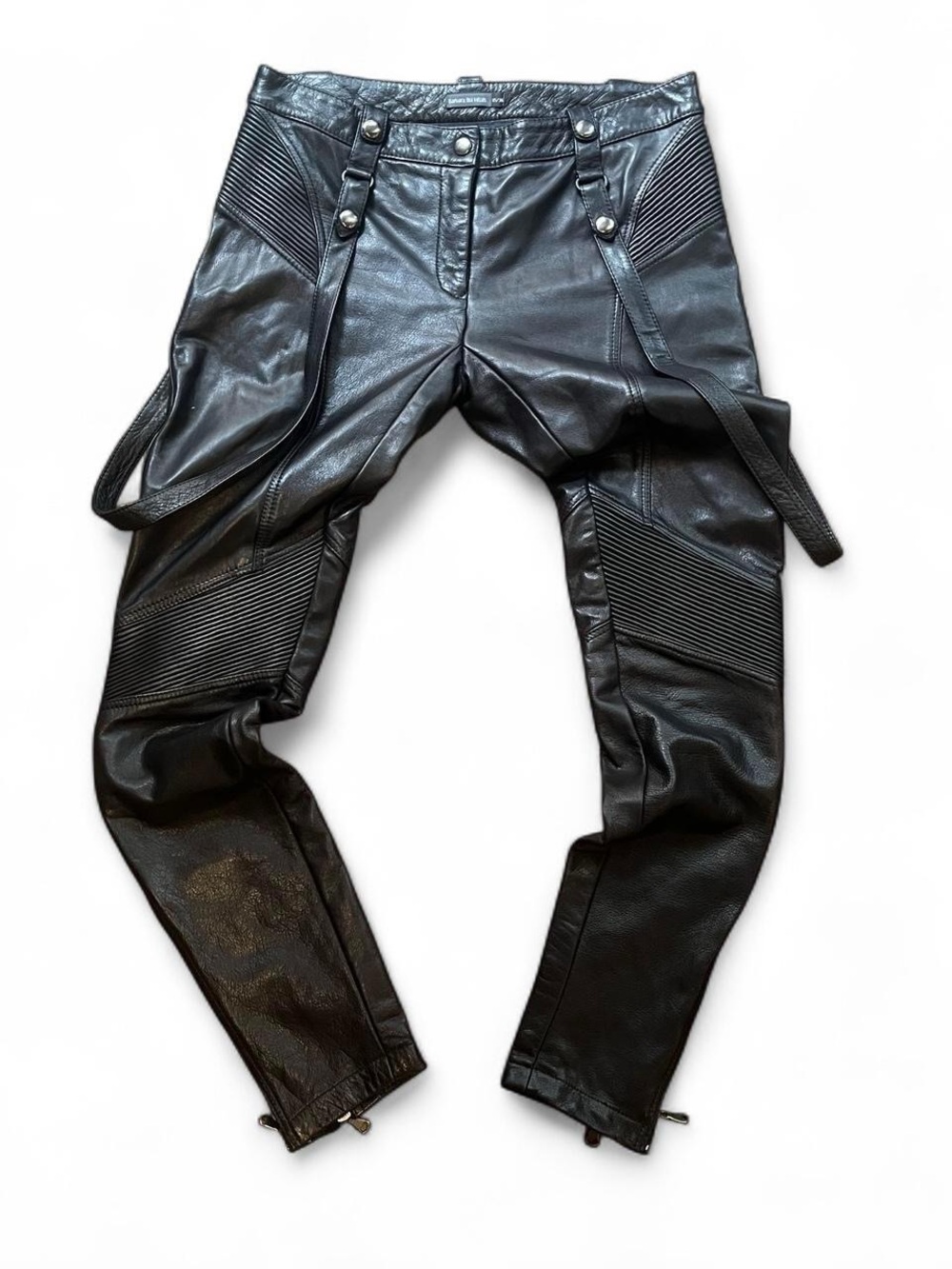 Barbara Bui Black Leather Moto-Style Skinny Pants with Ribbed Panels
